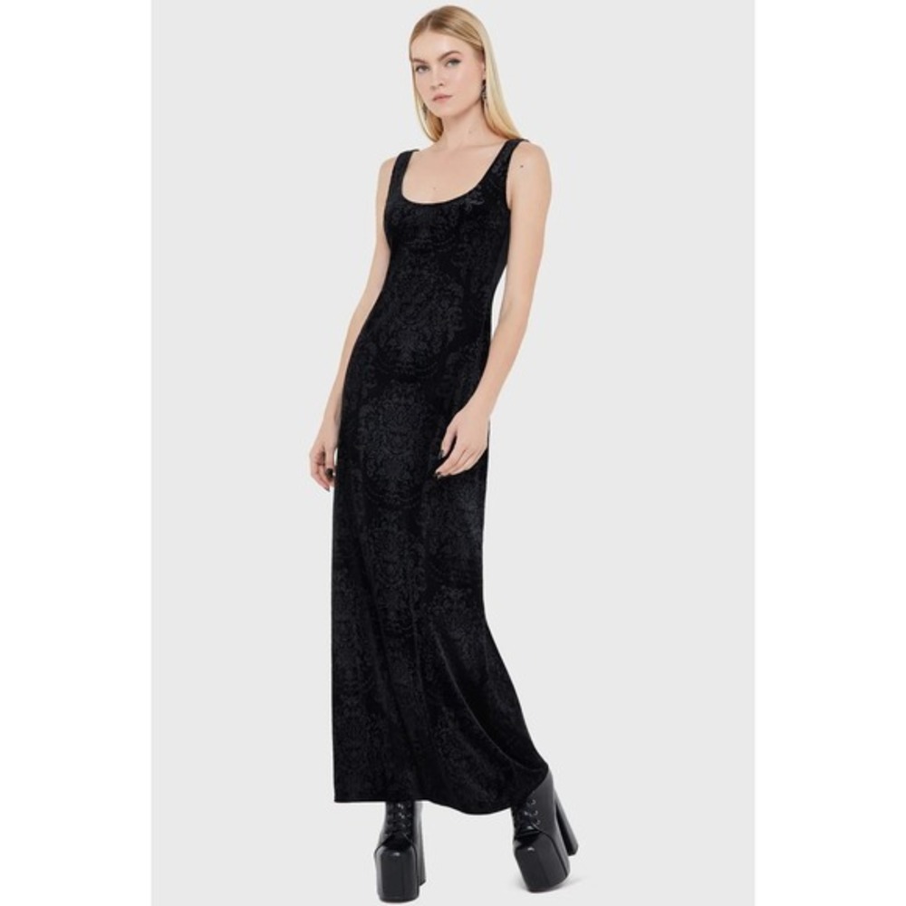 Killstar Crimson Fiend Black Burnout Velvet Damask Maxi Dress Womens Goth Scoop - Picture 4 of 4